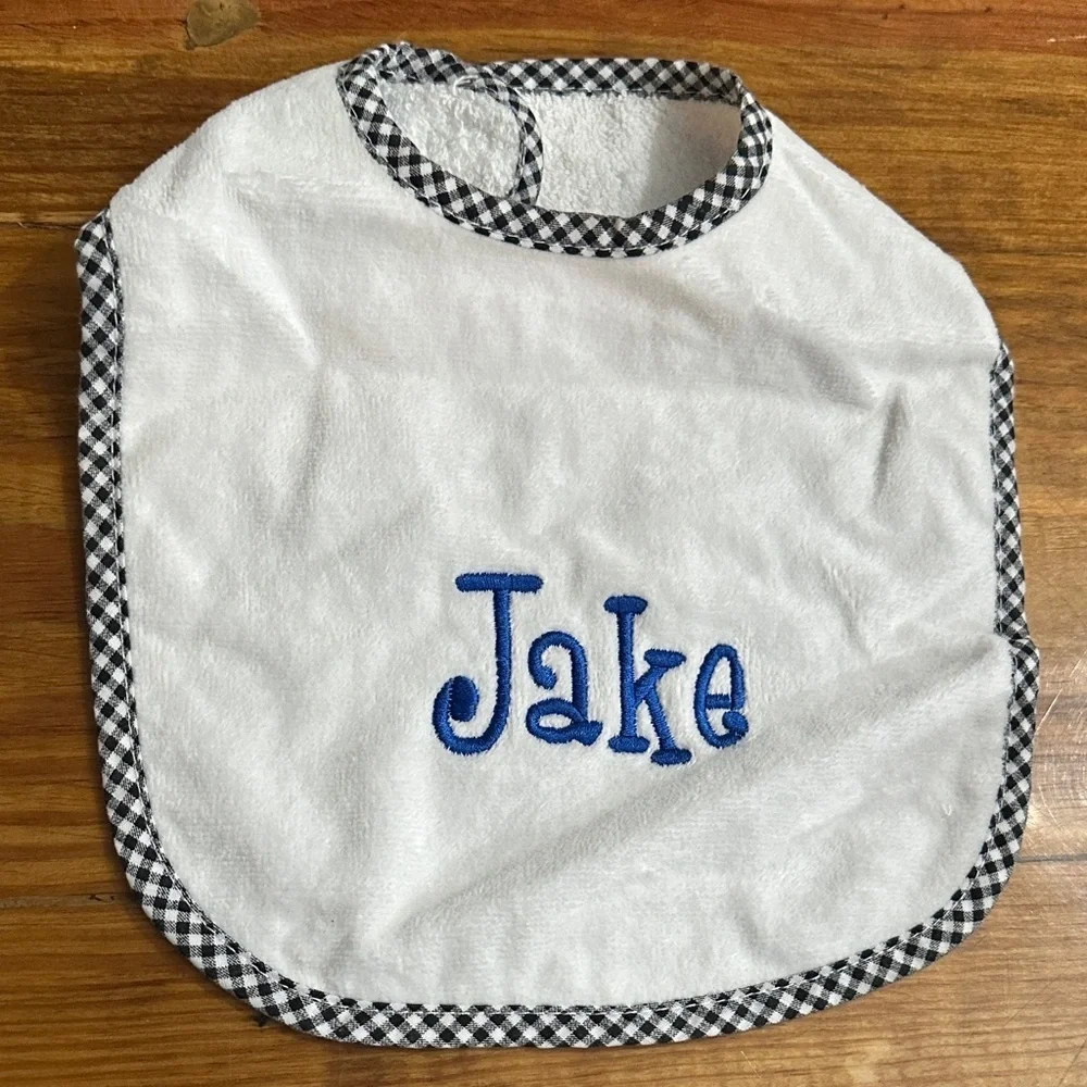NEW “Jake” Monogrammed White Baby Bib with Blue Embroidery
